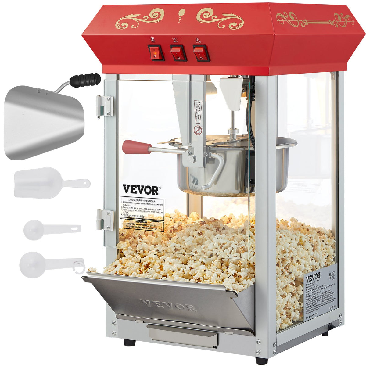 VEVOR galda popkorna aparāts 850 W, 8 oz katls līdz 48 porcijām vienā ciklā, ar rūdīta stikla korpusu un 4 piederumiem, kino stila, sarkans - ZEMLETES.LV
