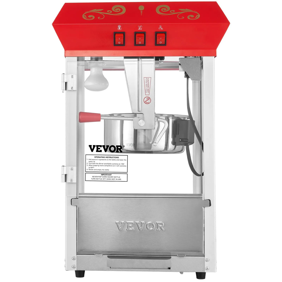 VEVOR galda popkorna aparāts 850 W, 8 oz katls līdz 48 porcijām vienā ciklā, ar rūdīta stikla korpusu un 4 piederumiem, kino stila, sarkans - ZEMLETES.LV