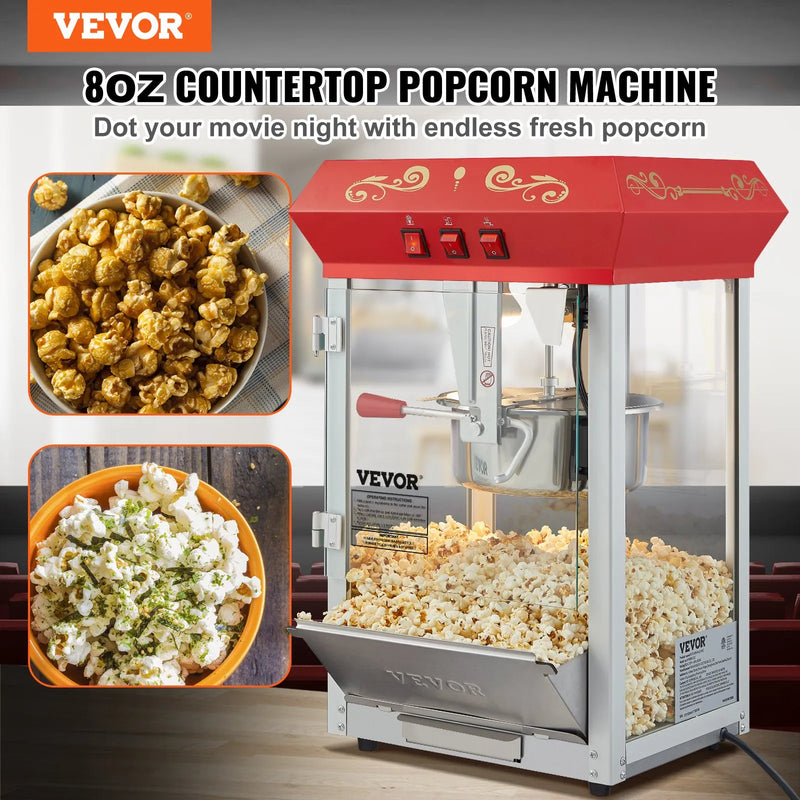 VEVOR galda popkorna aparāts 850 W, 8 oz katls līdz 48 porcijām vienā ciklā, ar rūdīta stikla korpusu un 4 piederumiem, kino stila, sarkans - ZEMLETES.LV