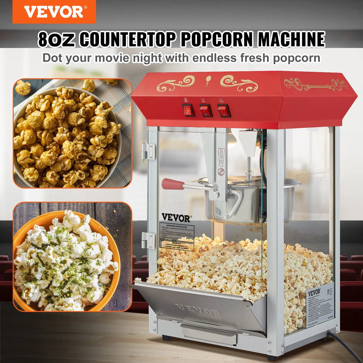 VEVOR galda popkorna aparāts 850 W, 8 oz katls līdz 48 porcijām vienā ciklā, ar rūdīta stikla korpusu un 4 piederumiem, kino stila, sarkans - ZEMLETES.LV