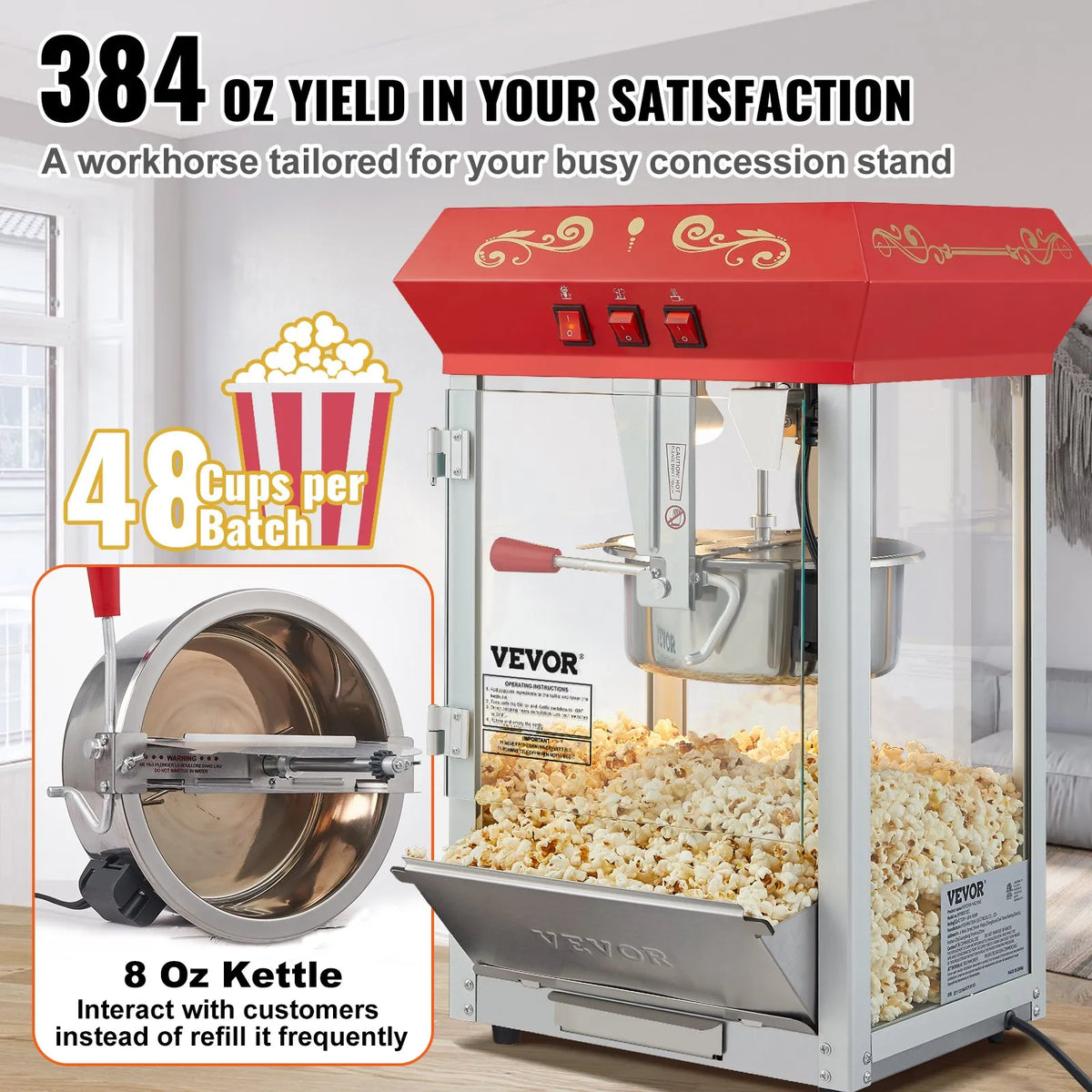 VEVOR galda popkorna aparāts 850 W, 8 oz katls līdz 48 porcijām vienā ciklā, ar rūdīta stikla korpusu un 4 piederumiem, kino stila, sarkans - ZEMLETES.LV