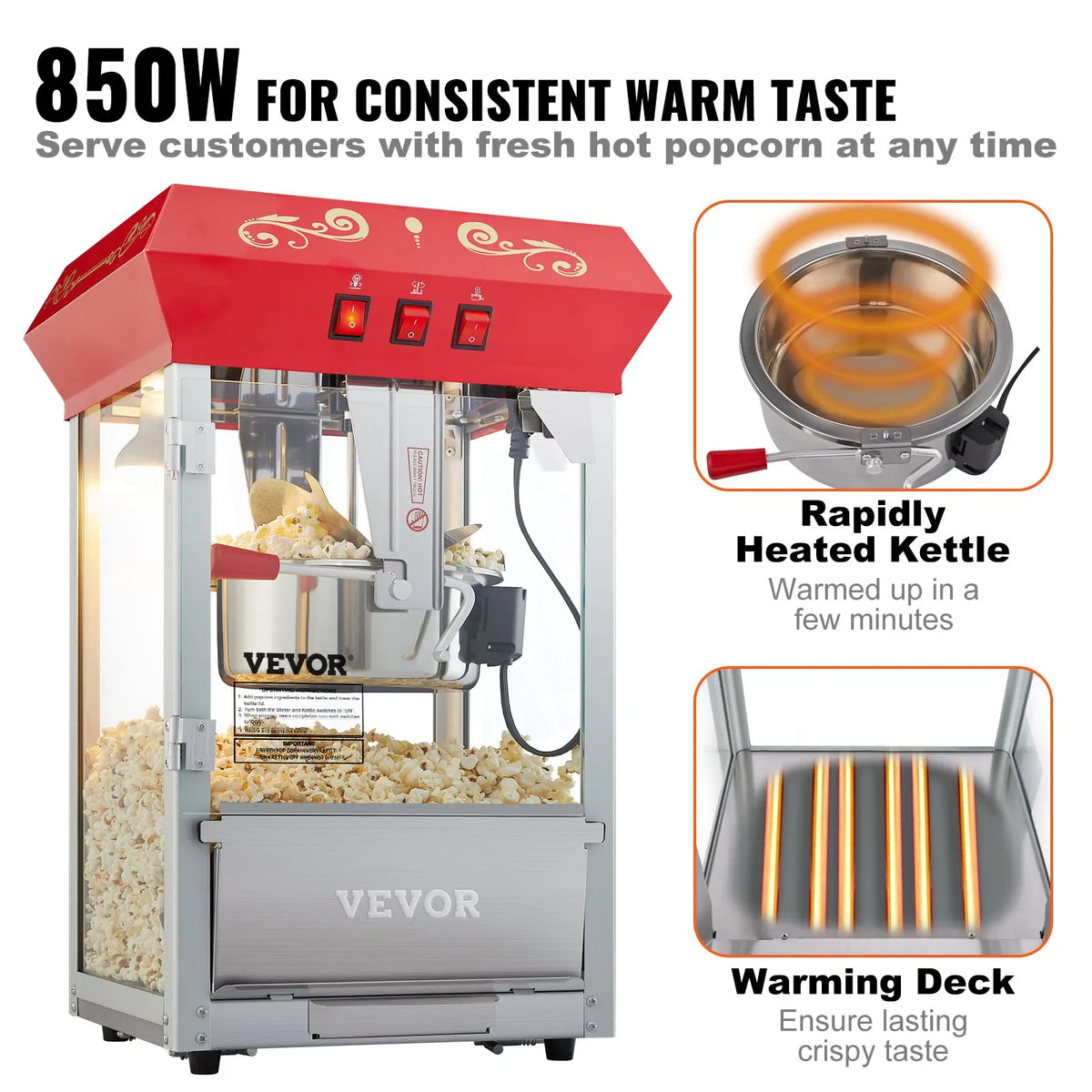 VEVOR galda popkorna aparāts 850 W, 8 oz katls līdz 48 porcijām vienā ciklā, ar rūdīta stikla korpusu un 4 piederumiem, kino stila, sarkans - ZEMLETES.LV