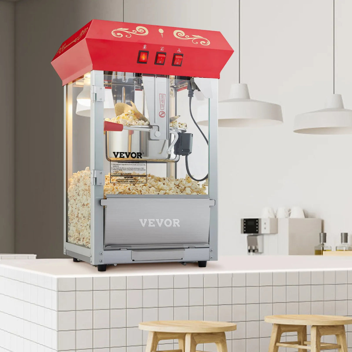 VEVOR galda popkorna aparāts 850 W, 8 oz katls līdz 48 porcijām vienā ciklā, ar rūdīta stikla korpusu un 4 piederumiem, kino stila, sarkans - ZEMLETES.LV