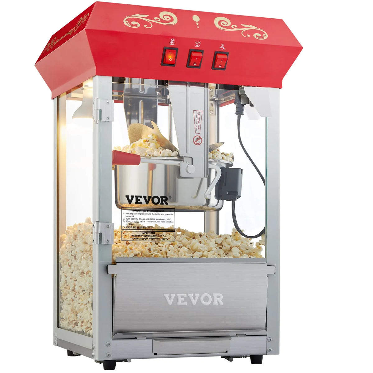 VEVOR galda popkorna aparāts 850 W, 8 oz katls līdz 48 porcijām vienā ciklā, ar rūdīta stikla korpusu un 4 piederumiem, kino stila, sarkans - ZEMLETES.LV