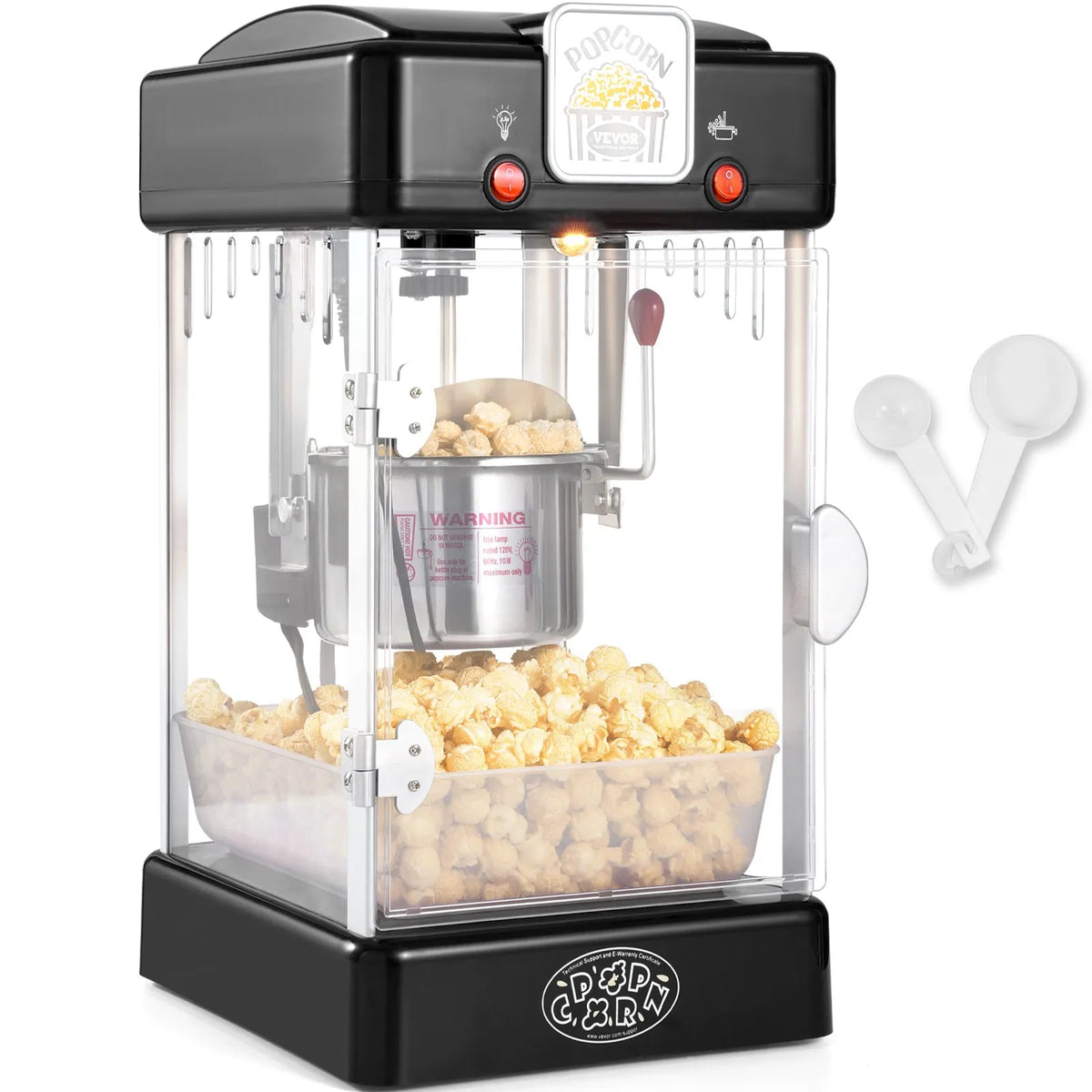 VEVOR galda popkorna aparāts 300 W, 2,5 oz katls līdz 3,8 l vienā ciklā, ar PP durvīm, 2 piederumiem un paplāti, kino stila, melns - ZEMLETES.LV