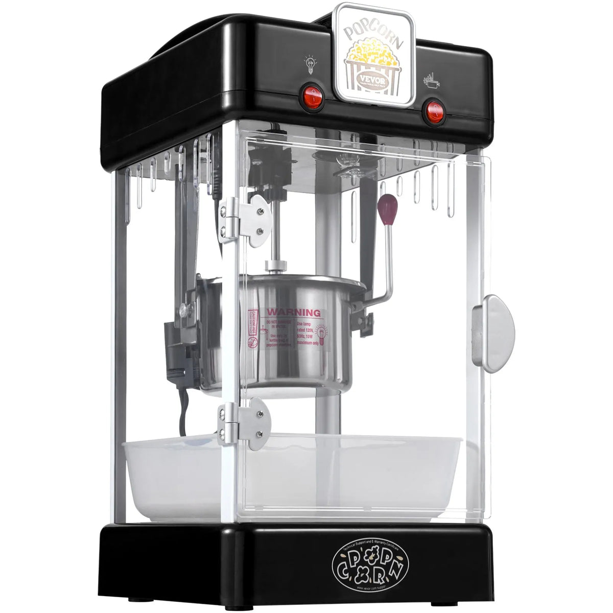 VEVOR galda popkorna aparāts 300 W, 2,5 oz katls līdz 3,8 l vienā ciklā, ar PP durvīm, 2 piederumiem un paplāti, kino stila, melns - ZEMLETES.LV