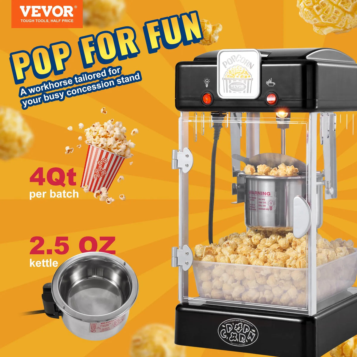 VEVOR galda popkorna aparāts 300 W, 2,5 oz katls līdz 3,8 l vienā ciklā, ar PP durvīm, 2 piederumiem un paplāti, kino stila, melns - ZEMLETES.LV