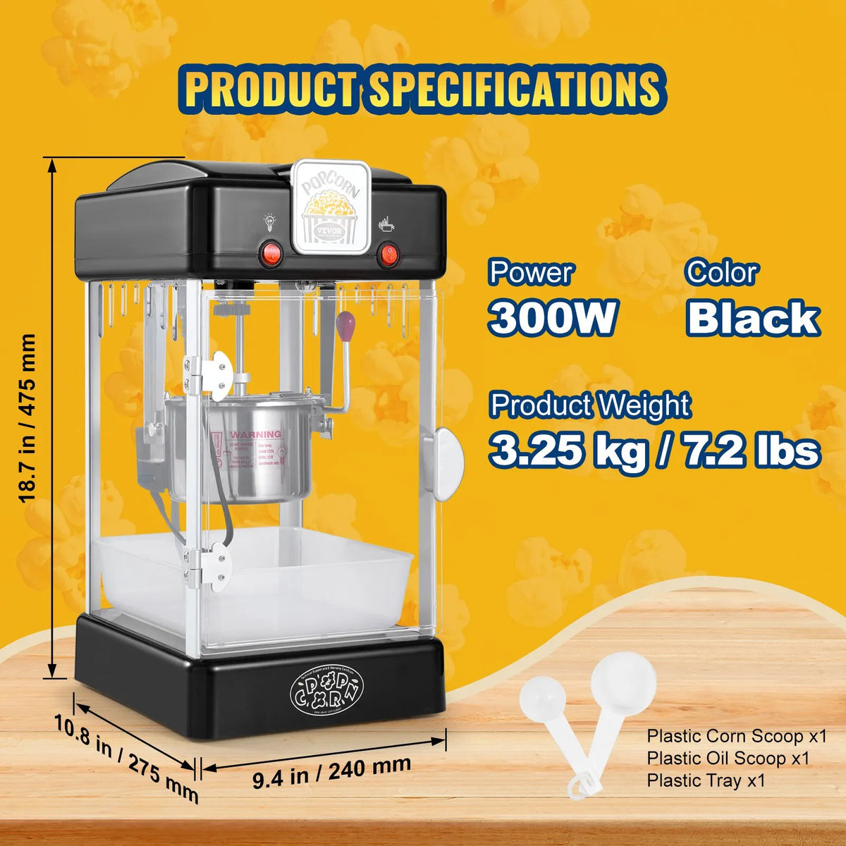 VEVOR galda popkorna aparāts 300 W, 2,5 oz katls līdz 3,8 l vienā ciklā, ar PP durvīm, 2 piederumiem un paplāti, kino stila, melns - ZEMLETES.LV
