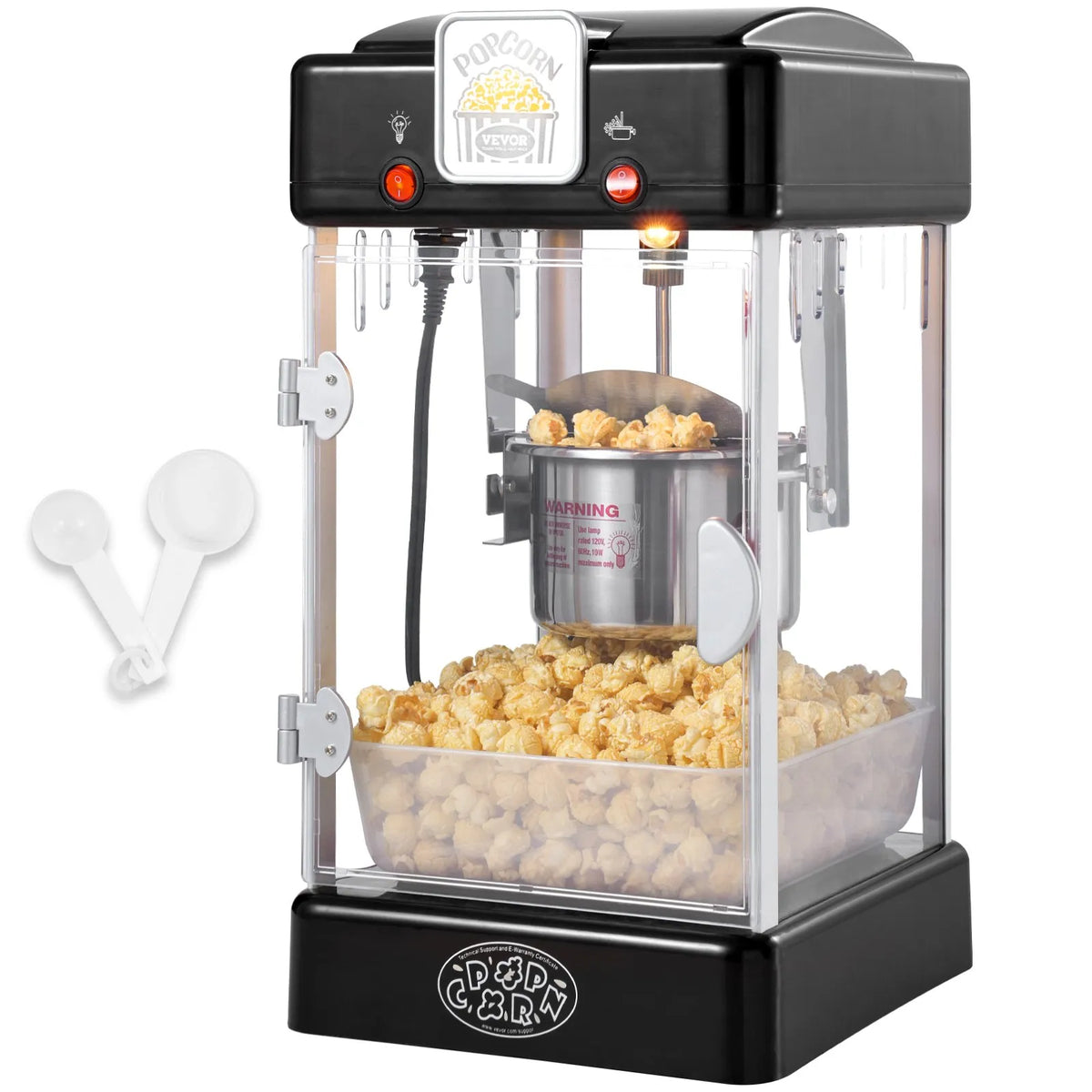 VEVOR galda popkorna aparāts 300 W, 2,5 oz katls līdz 3,8 l vienā ciklā, ar PP durvīm, 2 piederumiem un paplāti, kino stila, melns - ZEMLETES.LV