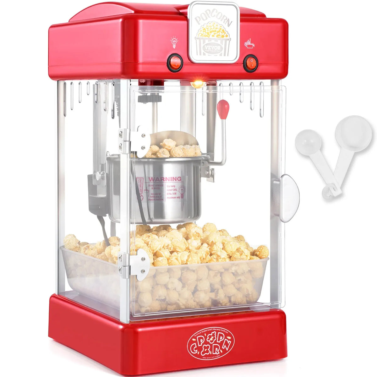 VEVOR galda popkorna aparāts 300 W, 2,5 oz katls līdz 3,8 l vienā ciklā, ar PP durvīm, 2 piederumiem un paplāti, kino stila, sarkans - ZEMLETES.LV