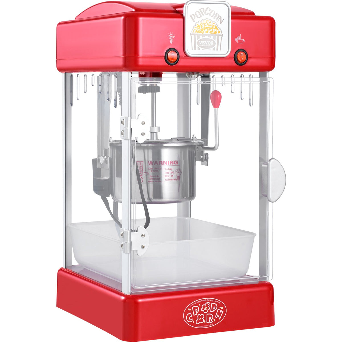 VEVOR galda popkorna aparāts 300 W, 2,5 oz katls līdz 3,8 l vienā ciklā, ar PP durvīm, 2 piederumiem un paplāti, kino stila, sarkans - ZEMLETES.LV