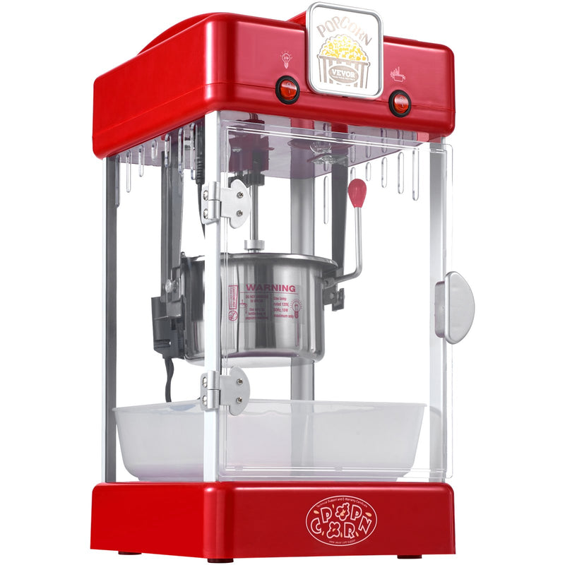 VEVOR galda popkorna aparāts 300 W, 2,5 oz katls līdz 3,8 l vienā ciklā, ar PP durvīm, 2 piederumiem un paplāti, kino stila, sarkans - ZEMLETES.LV