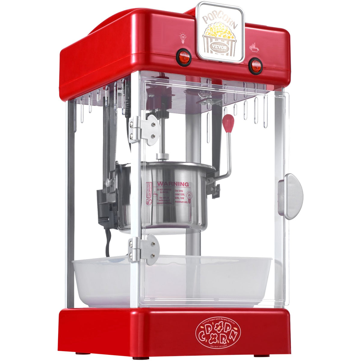 VEVOR galda popkorna aparāts 300 W, 2,5 oz katls līdz 3,8 l vienā ciklā, ar PP durvīm, 2 piederumiem un paplāti, kino stila, sarkans - ZEMLETES.LV