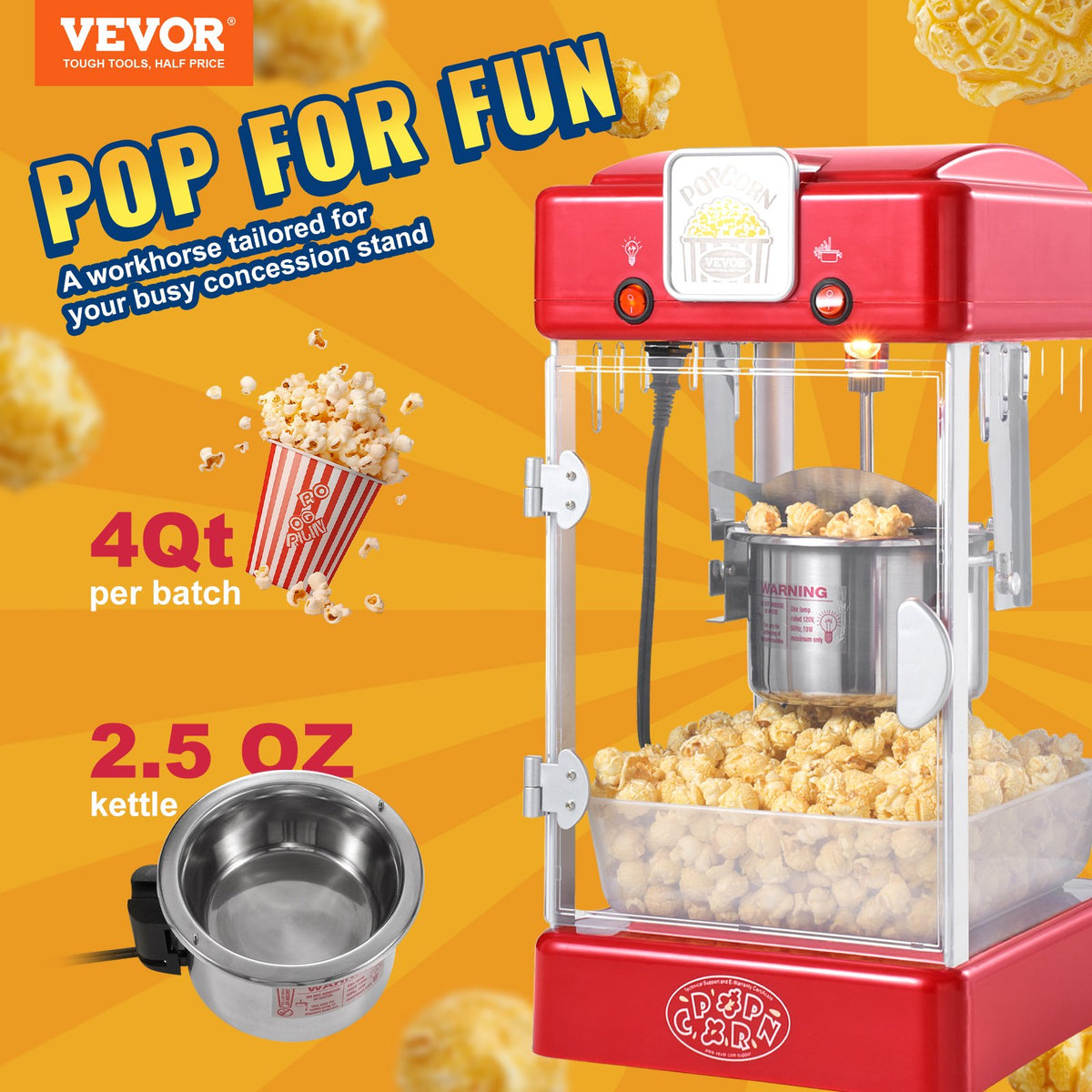 VEVOR galda popkorna aparāts 300 W, 2,5 oz katls līdz 3,8 l vienā ciklā, ar PP durvīm, 2 piederumiem un paplāti, kino stila, sarkans - ZEMLETES.LV