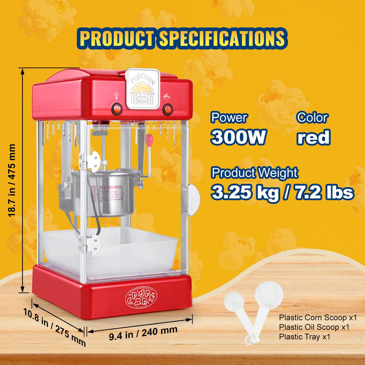 VEVOR galda popkorna aparāts 300 W, 2,5 oz katls līdz 3,8 l vienā ciklā, ar PP durvīm, 2 piederumiem un paplāti, kino stila, sarkans - ZEMLETES.LV