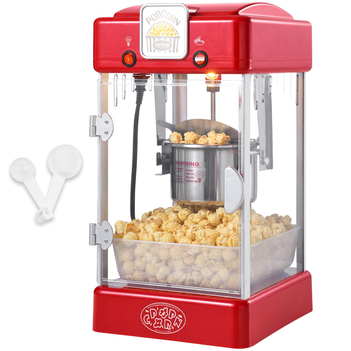 VEVOR galda popkorna aparāts 300 W, 2,5 oz katls līdz 3,8 l vienā ciklā, ar PP durvīm, 2 piederumiem un paplāti, kino stila, sarkans - ZEMLETES.LV