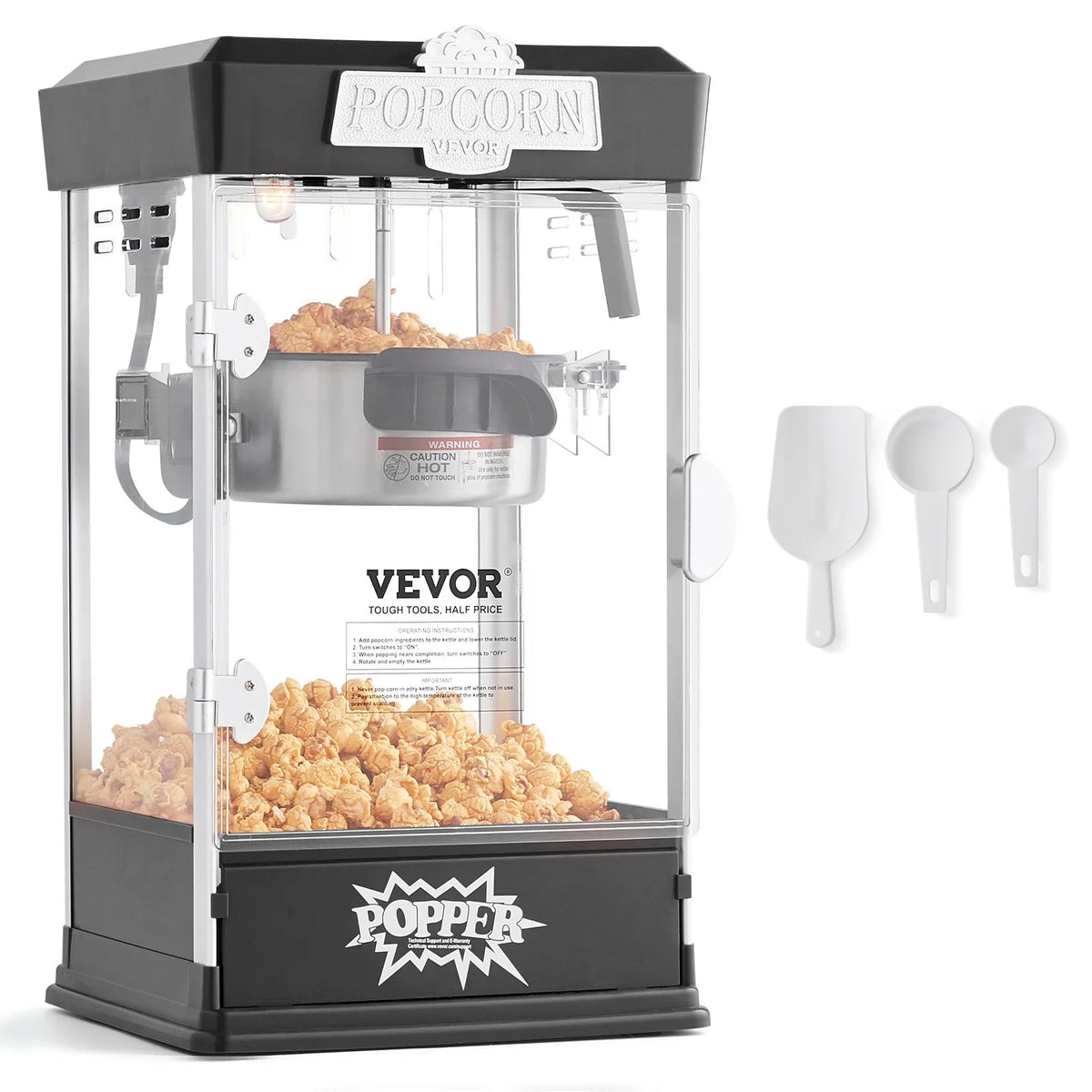 VEVOR galda popkorna aparāts 480 W, 4 oz katls līdz 5,7 l vienā ciklā, ar 3 piederumiem, kino stila, melns - ZEMLETES.LV