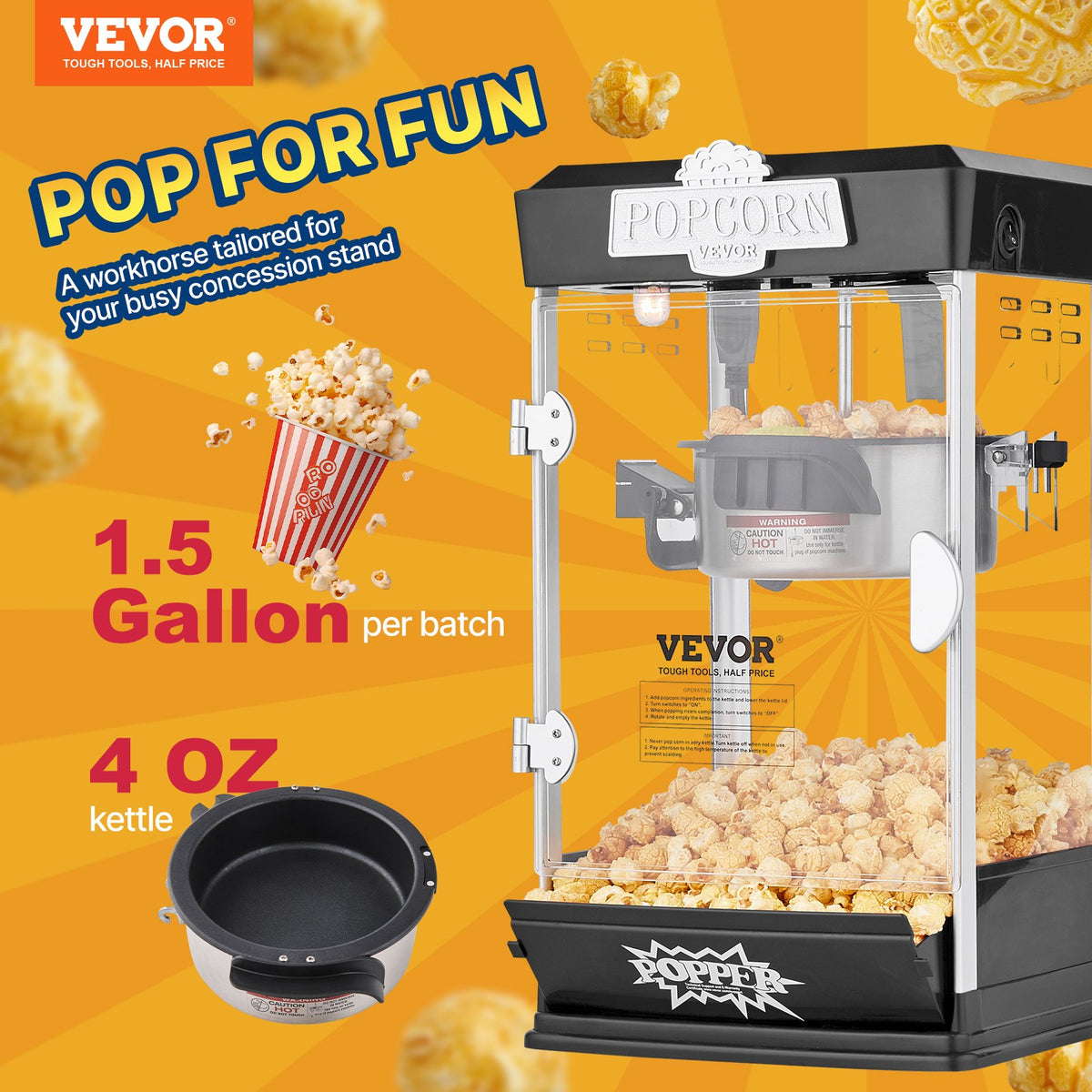 VEVOR galda popkorna aparāts 480 W, 4 oz katls līdz 5,7 l vienā ciklā, ar 3 piederumiem, kino stila, melns - ZEMLETES.LV