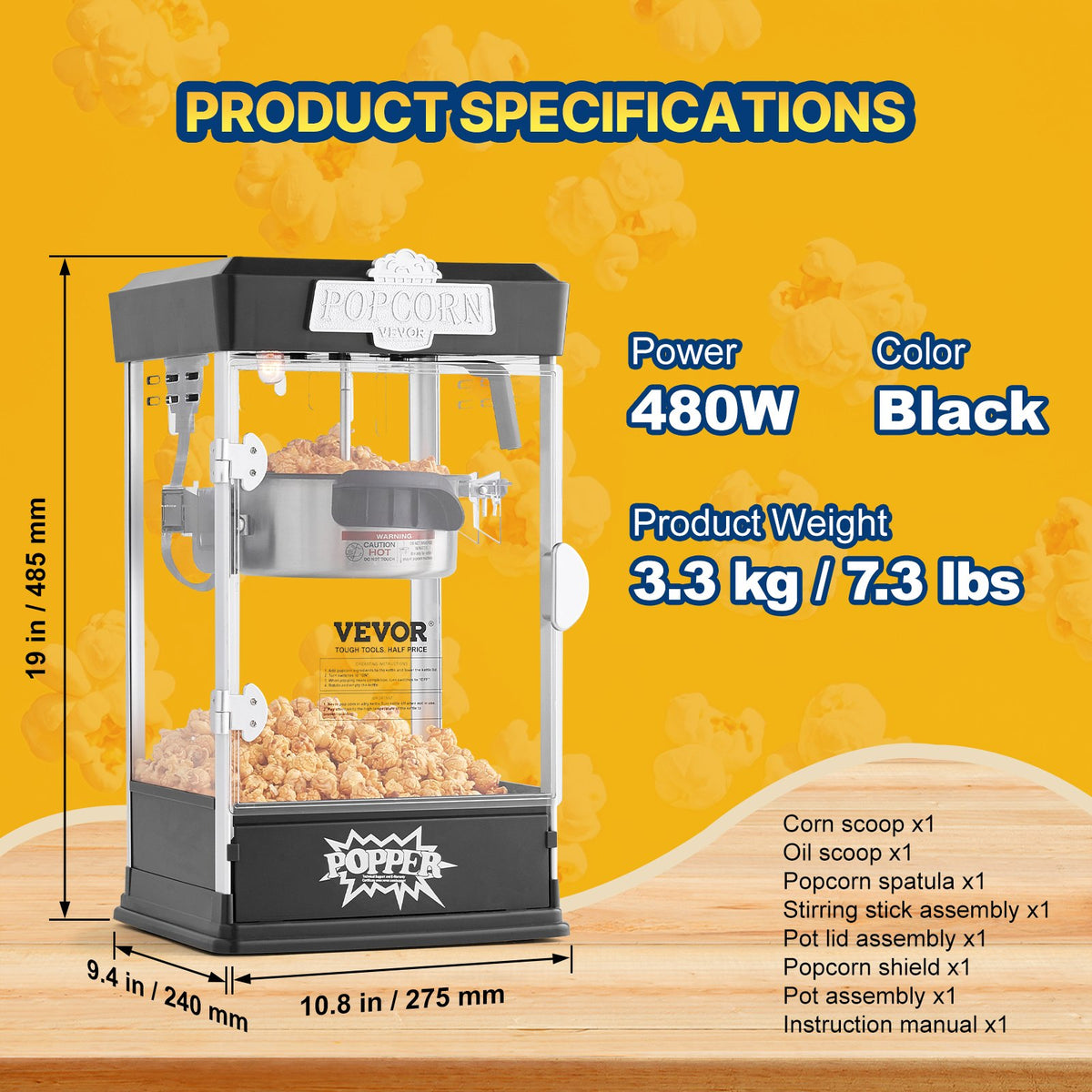 VEVOR galda popkorna aparāts 480 W, 4 oz katls līdz 5,7 l vienā ciklā, ar 3 piederumiem, kino stila, melns - ZEMLETES.LV