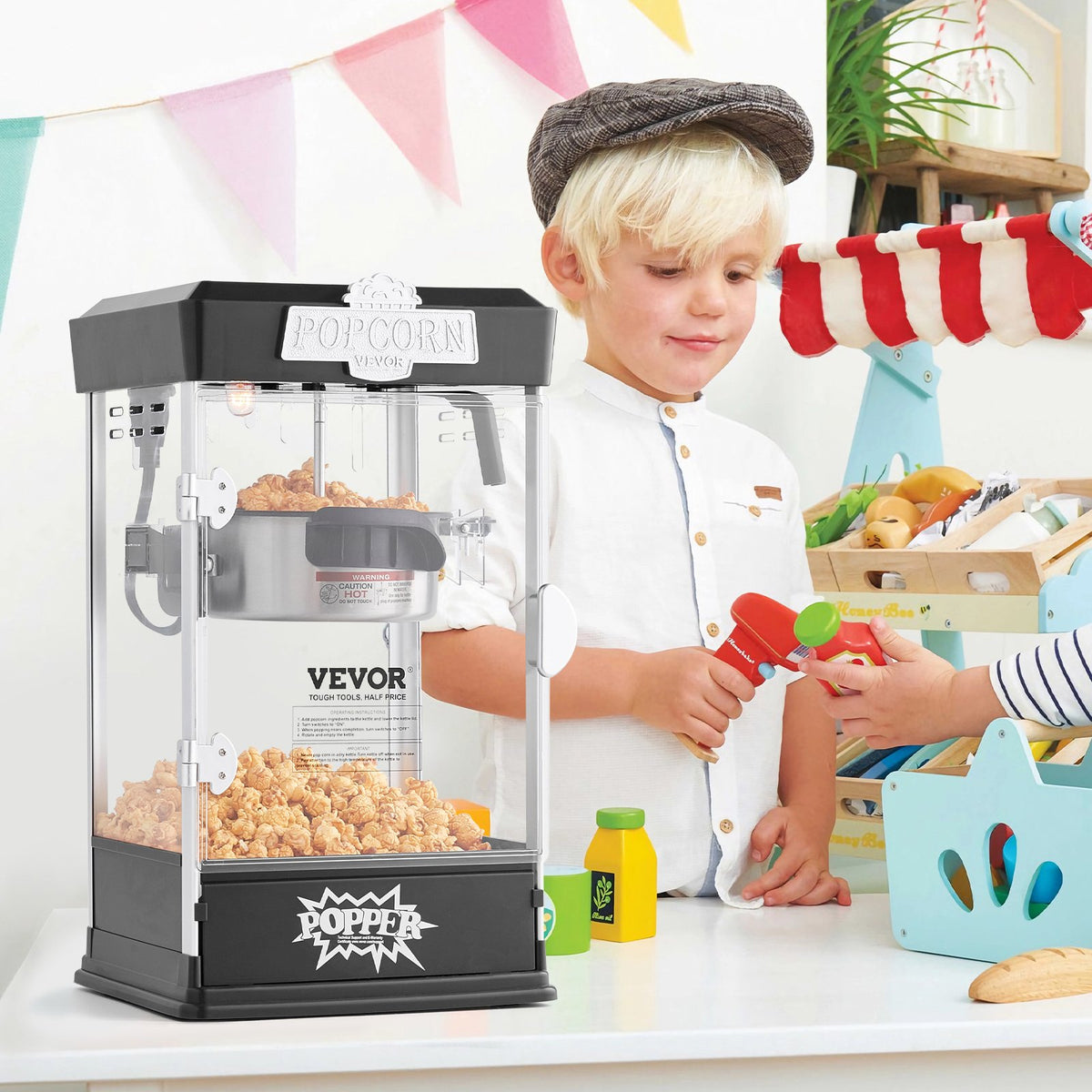 VEVOR galda popkorna aparāts 480 W, 4 oz katls līdz 5,7 l vienā ciklā, ar 3 piederumiem, kino stila, melns - ZEMLETES.LV
