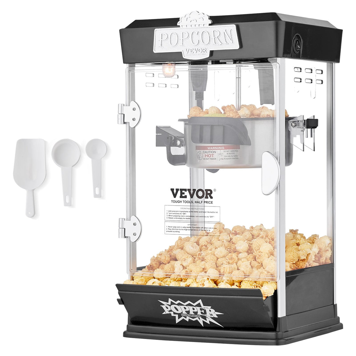 VEVOR galda popkorna aparāts 480 W, 4 oz katls līdz 5,7 l vienā ciklā, ar 3 piederumiem, kino stila, melns - ZEMLETES.LV