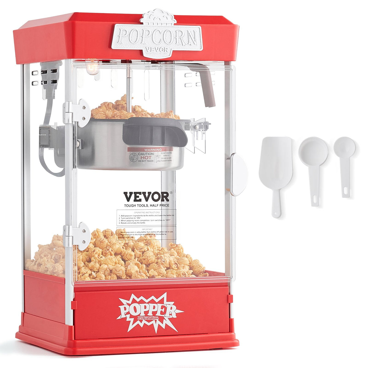 VEVOR galda popkorna aparāts 480 W, 4 oz katls līdz 5,7 l vienā ciklā, ar 3 piederumiem, kino stila, sarkans - ZEMLETES.LV