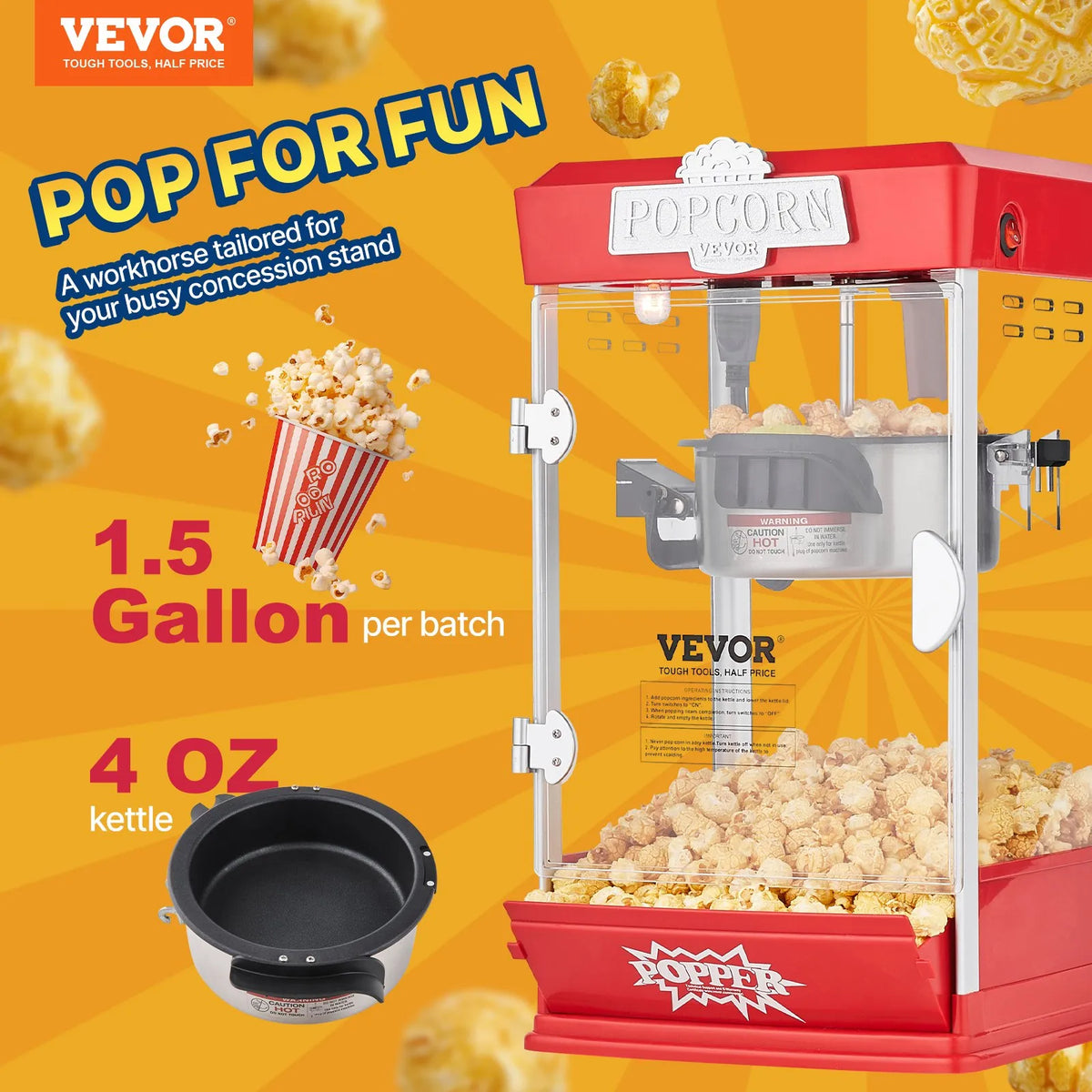 VEVOR galda popkorna aparāts 480 W, 4 oz katls līdz 5,7 l vienā ciklā, ar 3 piederumiem, kino stila, sarkans - ZEMLETES.LV