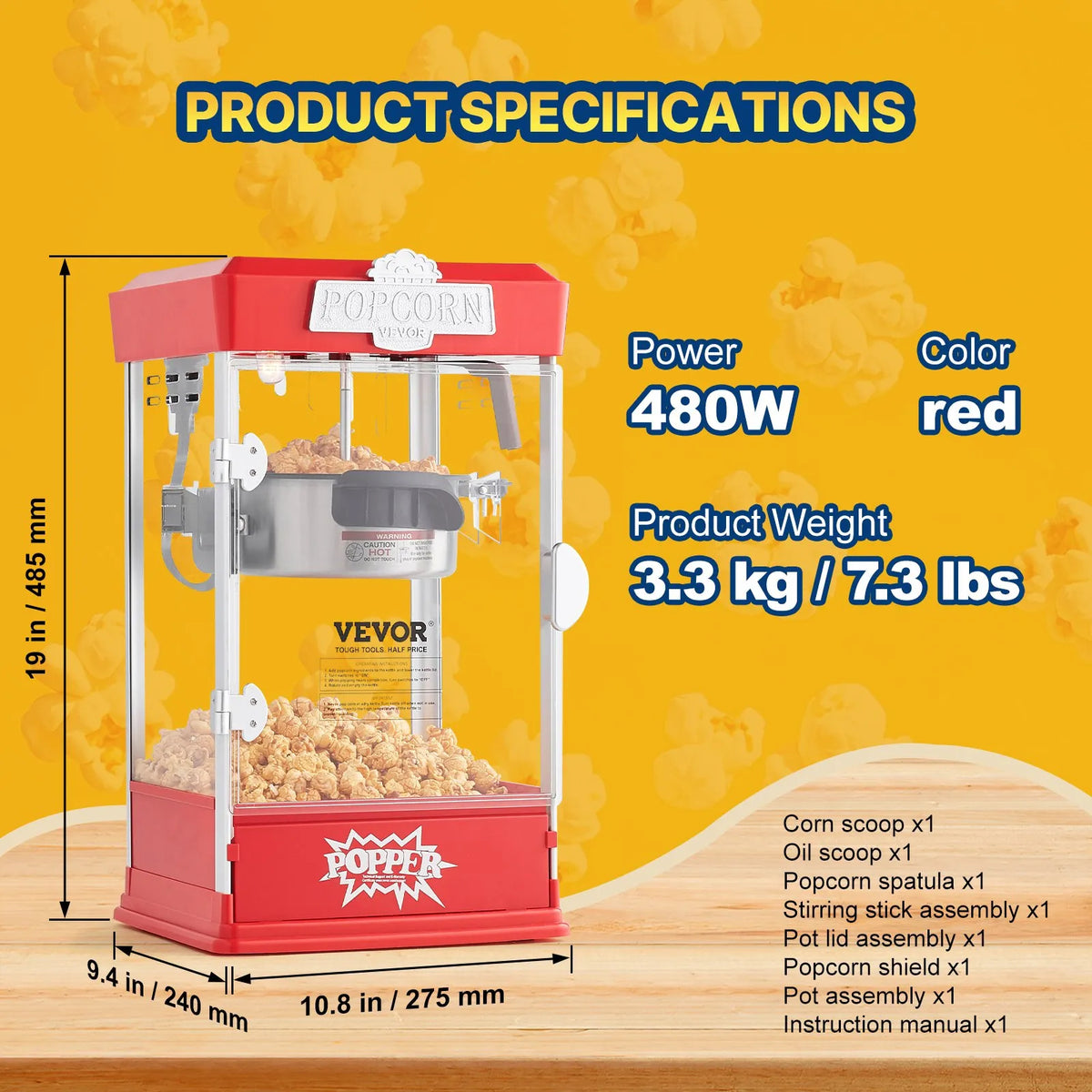 VEVOR galda popkorna aparāts 480 W, 4 oz katls līdz 5,7 l vienā ciklā, ar 3 piederumiem, kino stila, sarkans - ZEMLETES.LV