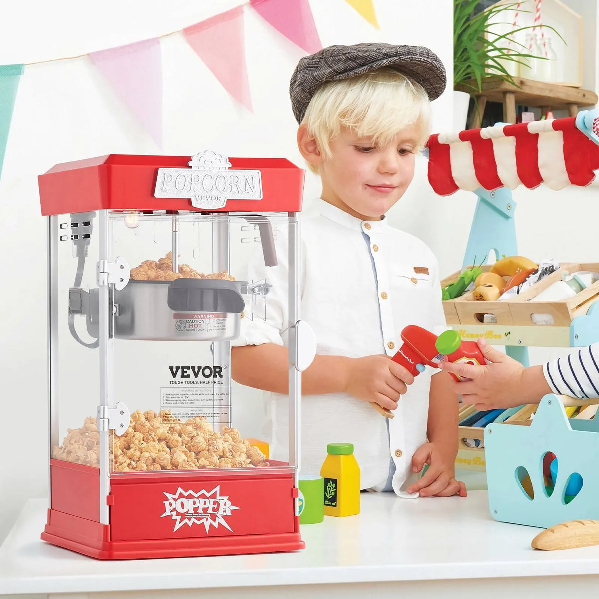 VEVOR galda popkorna aparāts 480 W, 4 oz katls līdz 5,7 l vienā ciklā, ar 3 piederumiem, kino stila, sarkans - ZEMLETES.LV