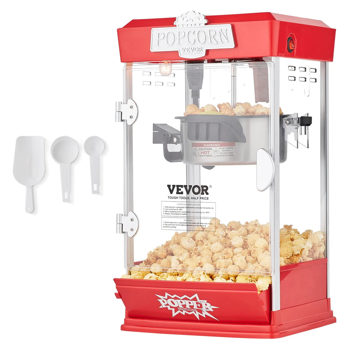 VEVOR galda popkorna aparāts 480 W, 4 oz katls līdz 5,7 l vienā ciklā, ar 3 piederumiem, kino stila, sarkans - ZEMLETES.LV