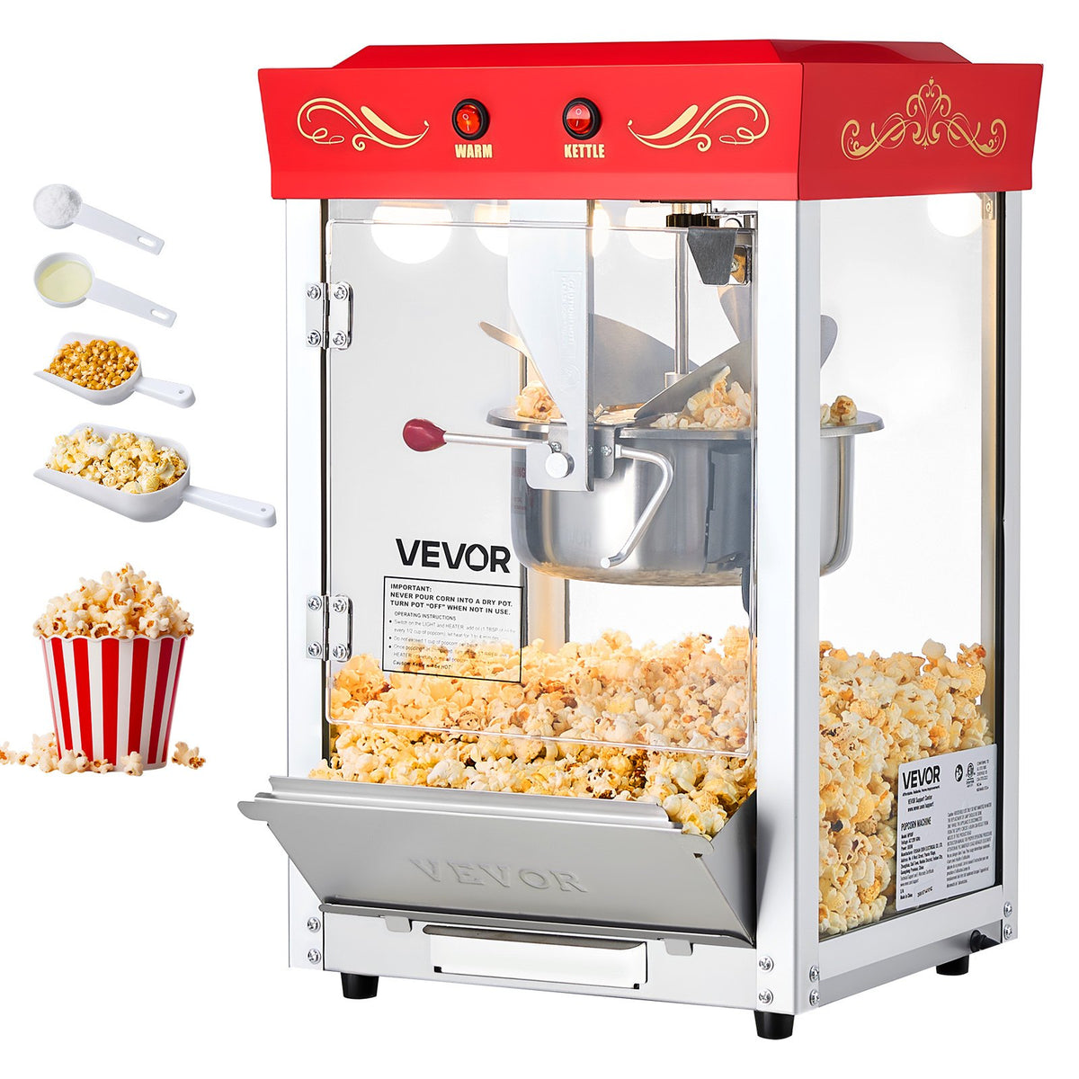 VEVOR popkornimasin 800 W, 0,2 kg pott, 48 portsjonit, klaasseinad, punane