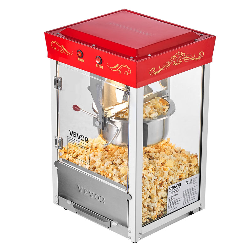 Popkorna mašīna, 0,2 kg nerūsējošā tērauda katls, 800 W, 48 porcijas, stikla sienas, PC durvis, sarkana