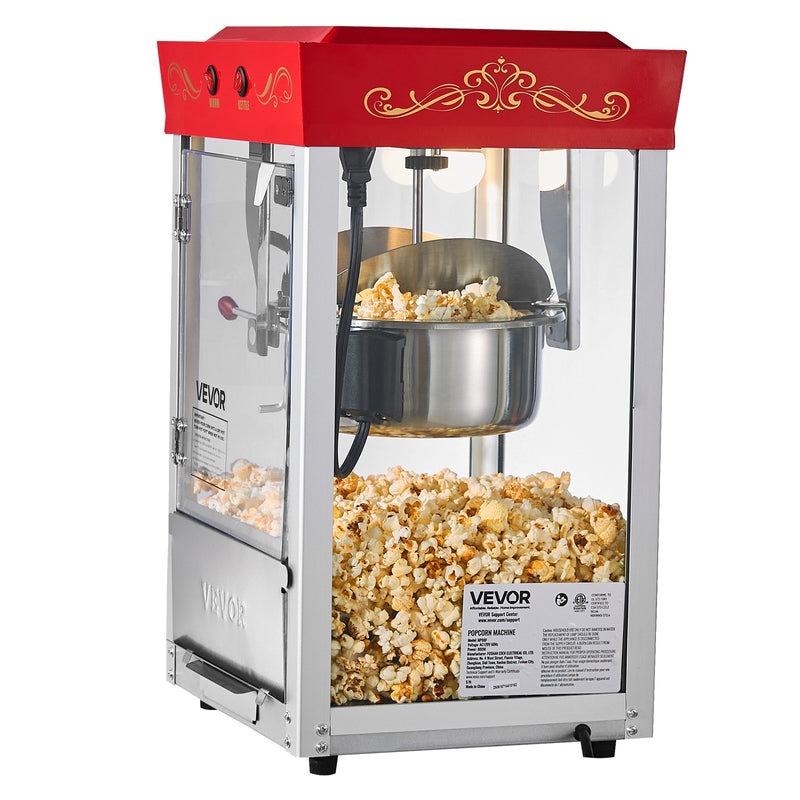 Popkorna mašīna, 0,2 kg nerūsējošā tērauda katls, 800 W, 48 porcijas, stikla sienas, PC durvis, sarkana