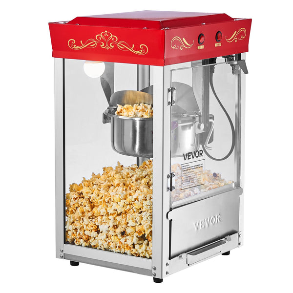 Popkorna mašīna, 0,2 kg nerūsējošā tērauda katls, 800 W, 48 porcijas, stikla sienas, PC durvis, sarkana