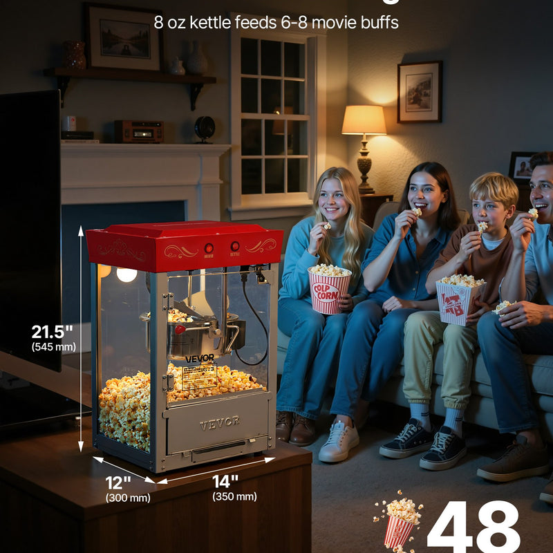 Popkorna mašīna, 0,2 kg nerūsējošā tērauda katls, 800 W, 48 porcijas, stikla sienas, PC durvis, sarkana