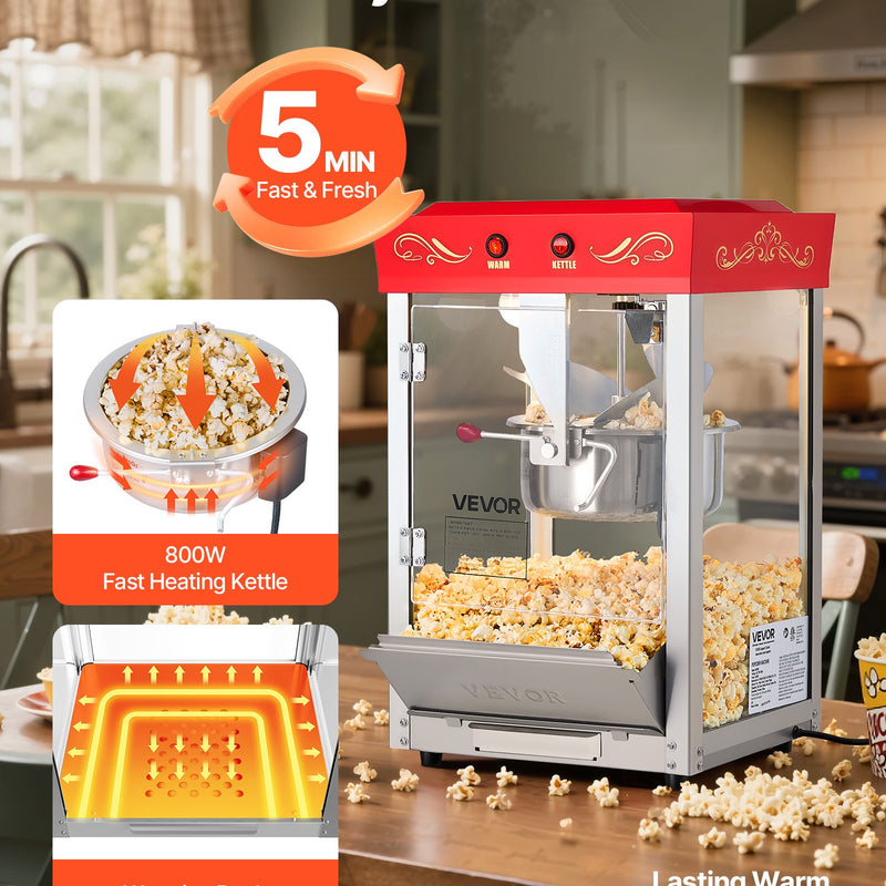 Popkorna mašīna, 0,2 kg nerūsējošā tērauda katls, 800 W, 48 porcijas, stikla sienas, PC durvis, sarkana