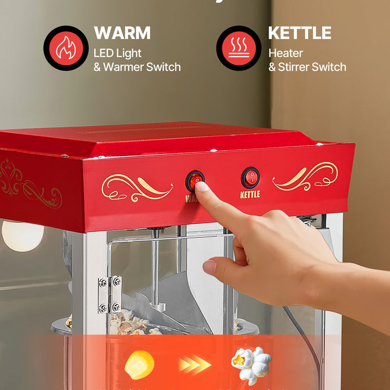 Popkorna mašīna, 0,2 kg nerūsējošā tērauda katls, 800 W, 48 porcijas, stikla sienas, PC durvis, sarkana