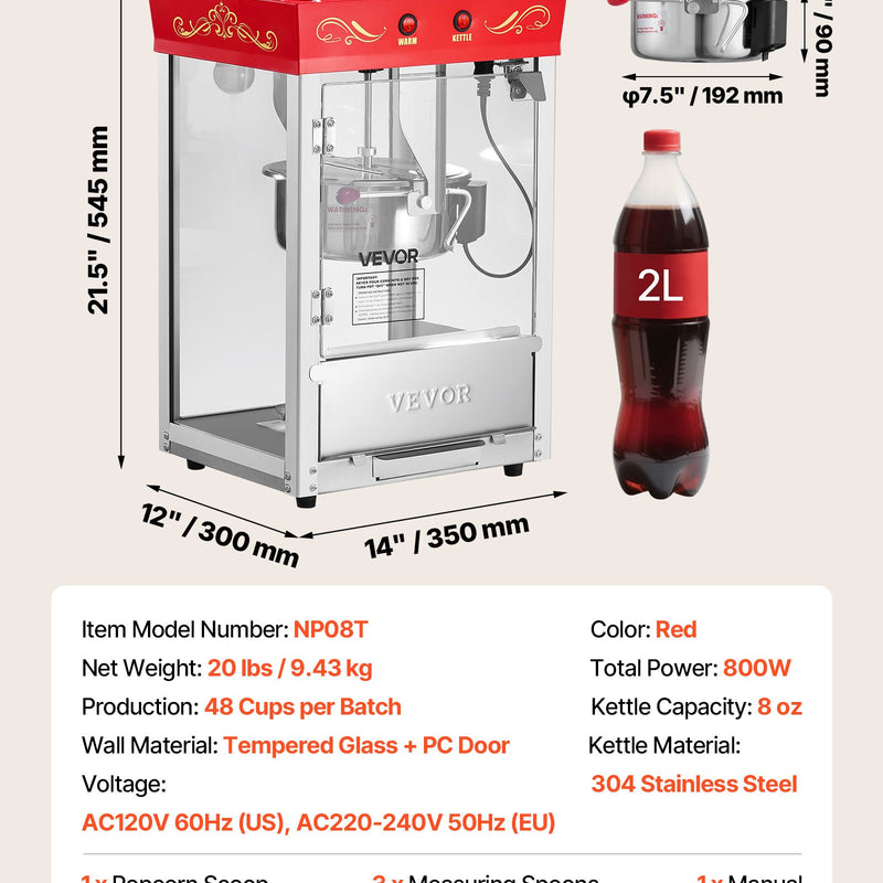 Popkorna mašīna, 0,2 kg nerūsējošā tērauda katls, 800 W, 48 porcijas, stikla sienas, PC durvis, sarkana