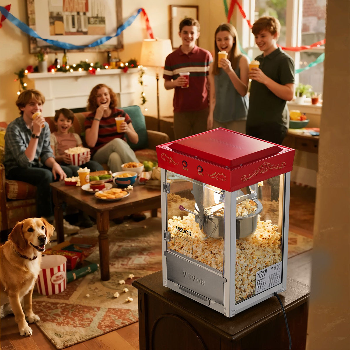 VEVOR popkornimasin 800 W, 0,2 kg pott, 48 portsjonit, klaasseinad, punane