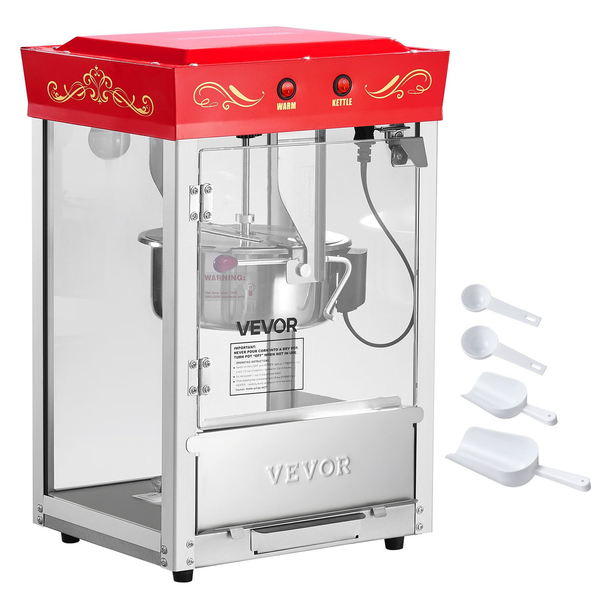 VEVOR popkornimasin 800 W, 0,2 kg pott, 48 portsjonit, klaasseinad, punane