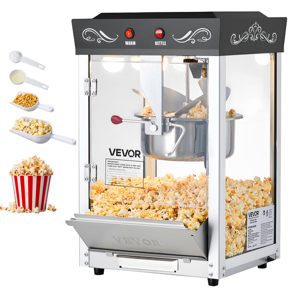 Popkorna mašīna, 0,2 kg nerūsējošā tērauda katls, 800 W, 48 porcijas, stikla sienas, PC durvis, melna