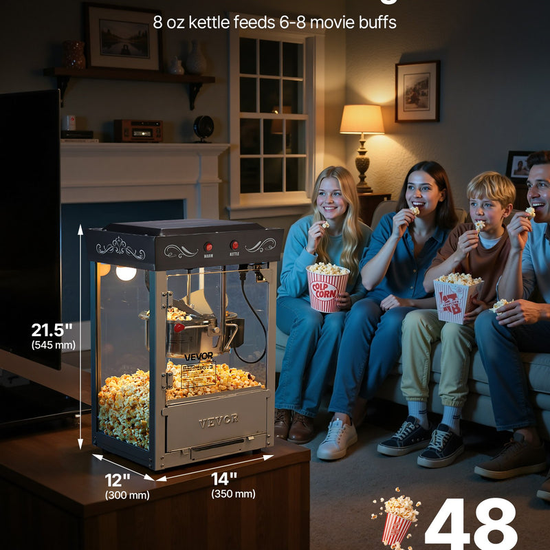Popkorna mašīna, 0,2 kg nerūsējošā tērauda katls, 800 W, 48 porcijas, stikla sienas, PC durvis, melna