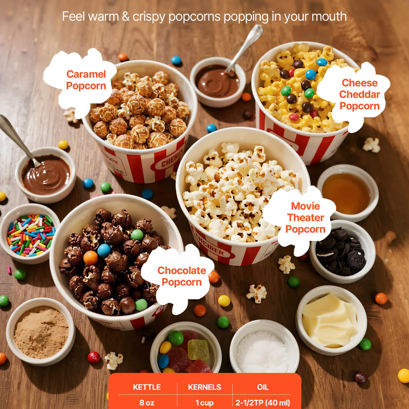 Popkorna mašīna, 0,2 kg nerūsējošā tērauda katls, 800 W, 48 porcijas, stikla sienas, PC durvis, melna