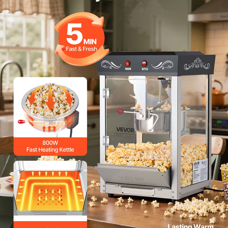 Popkorna mašīna, 0,2 kg nerūsējošā tērauda katls, 800 W, 48 porcijas, stikla sienas, PC durvis, melna