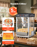 Popkorna mašīna, 0,2 kg nerūsējošā tērauda katls, 800 W, 48 porcijas, stikla sienas, PC durvis, melna