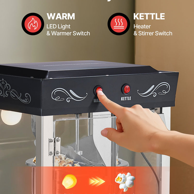 Popkorna mašīna, 0,2 kg nerūsējošā tērauda katls, 800 W, 48 porcijas, stikla sienas, PC durvis, melna