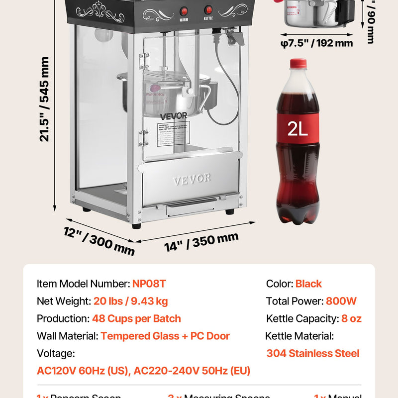 Popkorna mašīna, 0,2 kg nerūsējošā tērauda katls, 800 W, 48 porcijas, stikla sienas, PC durvis, melna