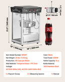 Popkorna mašīna, 0,2 kg nerūsējošā tērauda katls, 800 W, 48 porcijas, stikla sienas, PC durvis, melna