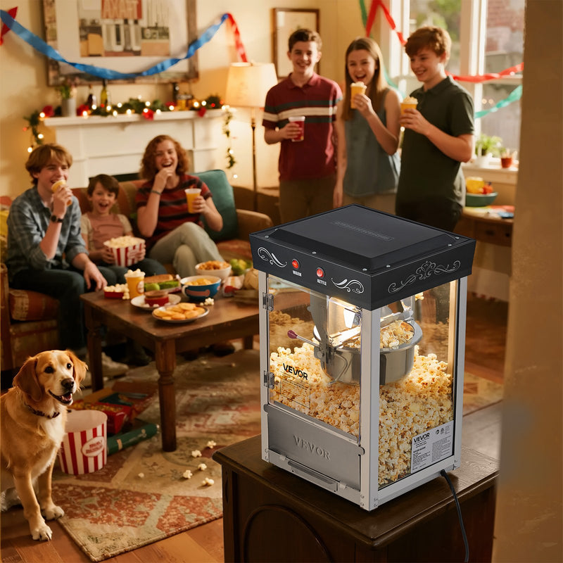 Popkorna mašīna, 0,2 kg nerūsējošā tērauda katls, 800 W, 48 porcijas, stikla sienas, PC durvis, melna