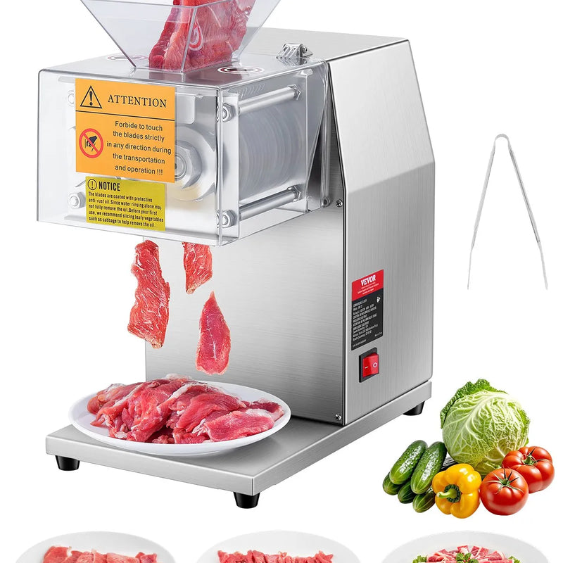 VEVOR gaļas griešanas iekārta 850 W, nerūsējošā tērauda elektriska gaļas griezējmašīna ar 5 mm griešanas biezumu, noņemamiem asmeņiem, ražība līdz 250 kg/h, piemērota mājas virtuvei, restorāniem un lielveikaliem
